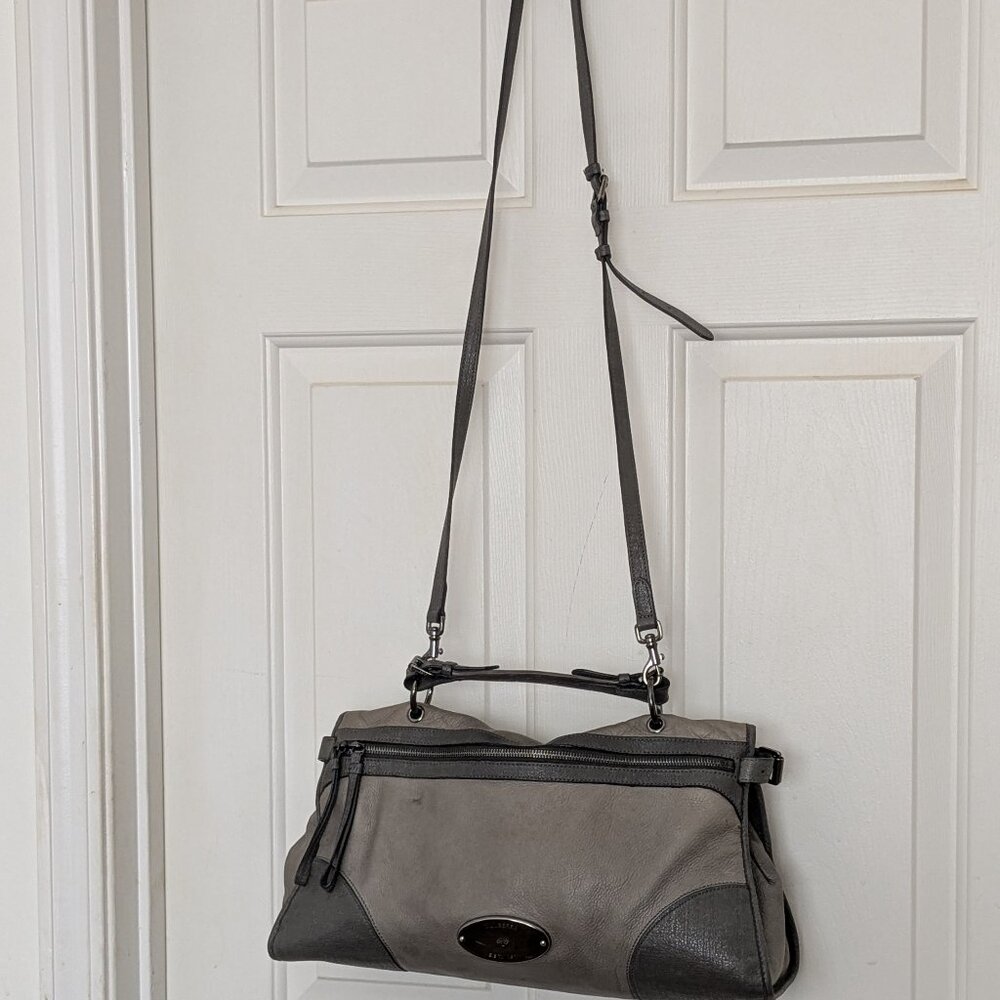2000s Mulberry Gray Leather Large 2-Way Bag Shoulder Bag Top Handle Bag - Picture 2 of 16